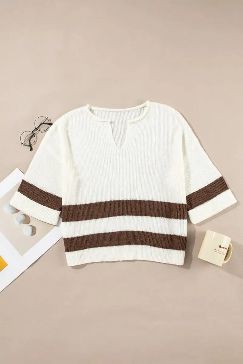 Brown Striped Accent Notched V Neck Cropped Sweater T Shirt - Love Salve
